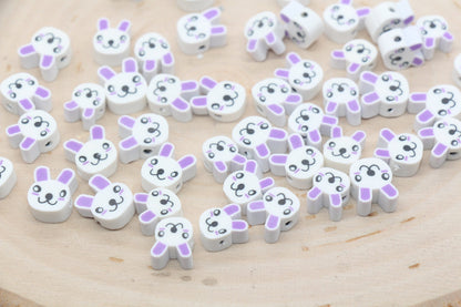 Bunny Polymer Clay Beads, Purple Ear Bunny Clay Beads, Bunny Clay Loose Beads, Easter Themed Bunny Beads, Jewelry Beading Supplies #104