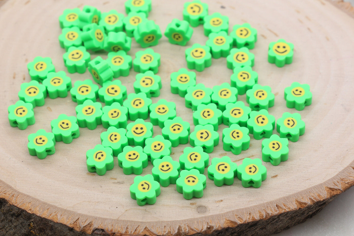 Green Smiley Face Polymer Clay Beads, Flower Shape Smiley Face Fimo Cane Beads, Happy Face Beads, Smiling Face Beads, Bead for Bracelet #330