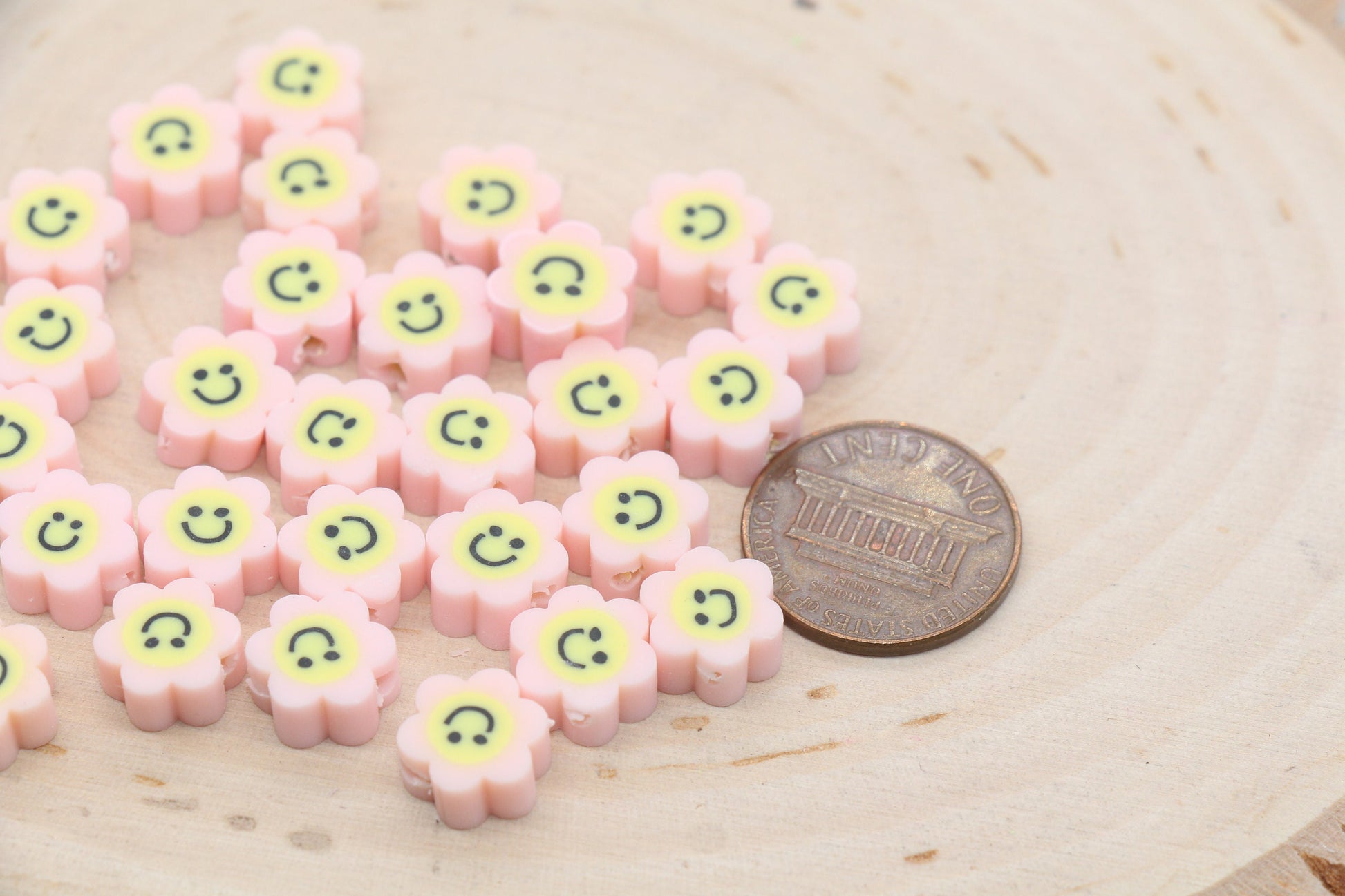 Pink Smiley Face Polymer Clay Beads, Flower Shape Smiley Face Fimo Cane Beads, Happy Face Beads, Smiling Face Beads, Bead for Bracelet #267