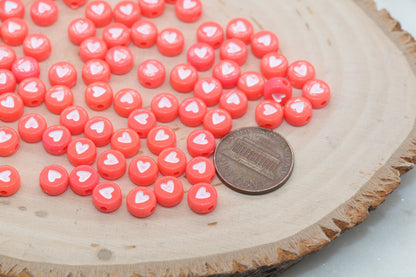 Pastel Red Heart Beads, Red Heart Beads, Acrylic Heart Symbol Beads, Plastic Round Heart Beads, Bead for Bracelets, 7mm #760