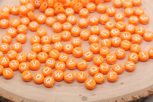 Orange Alphabet Letter Beads, Acrylic Orange Beads with White Letters, Round Acrylic Beads, Mixed Letter Beads, Plastic Name Beads 7mm #3147