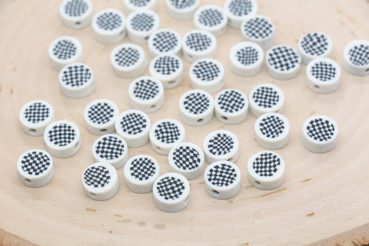 Checkered Polymer Clay Beads, White Round Checkered Clay Beads, Loose Beads, Jewelry Beads, Beads for Bracelet #452