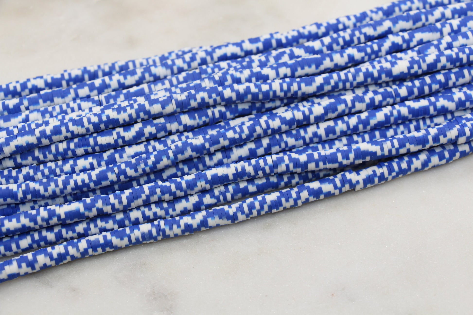 6mm Blue and White Mix Speckled Heishi Beads, Dotted Polymer Clay Disc Beads, African Disc Beads, Bracelet Beads, Full Strand #638