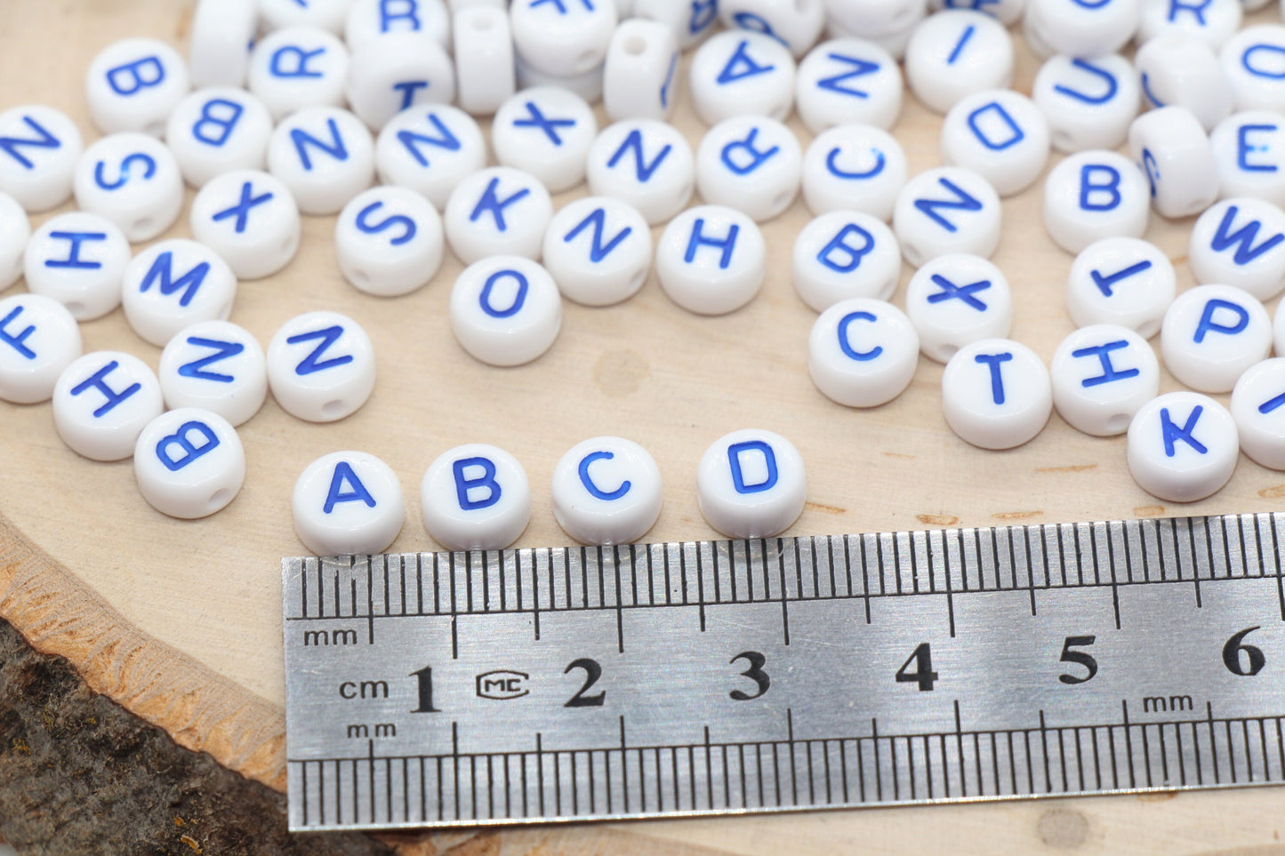 Blue Alphabet Letter Beads, White Round Bead with Blue Letter, Acrylic Round Name Initial Beads, Bead for Bracelets, Size 7mm #354