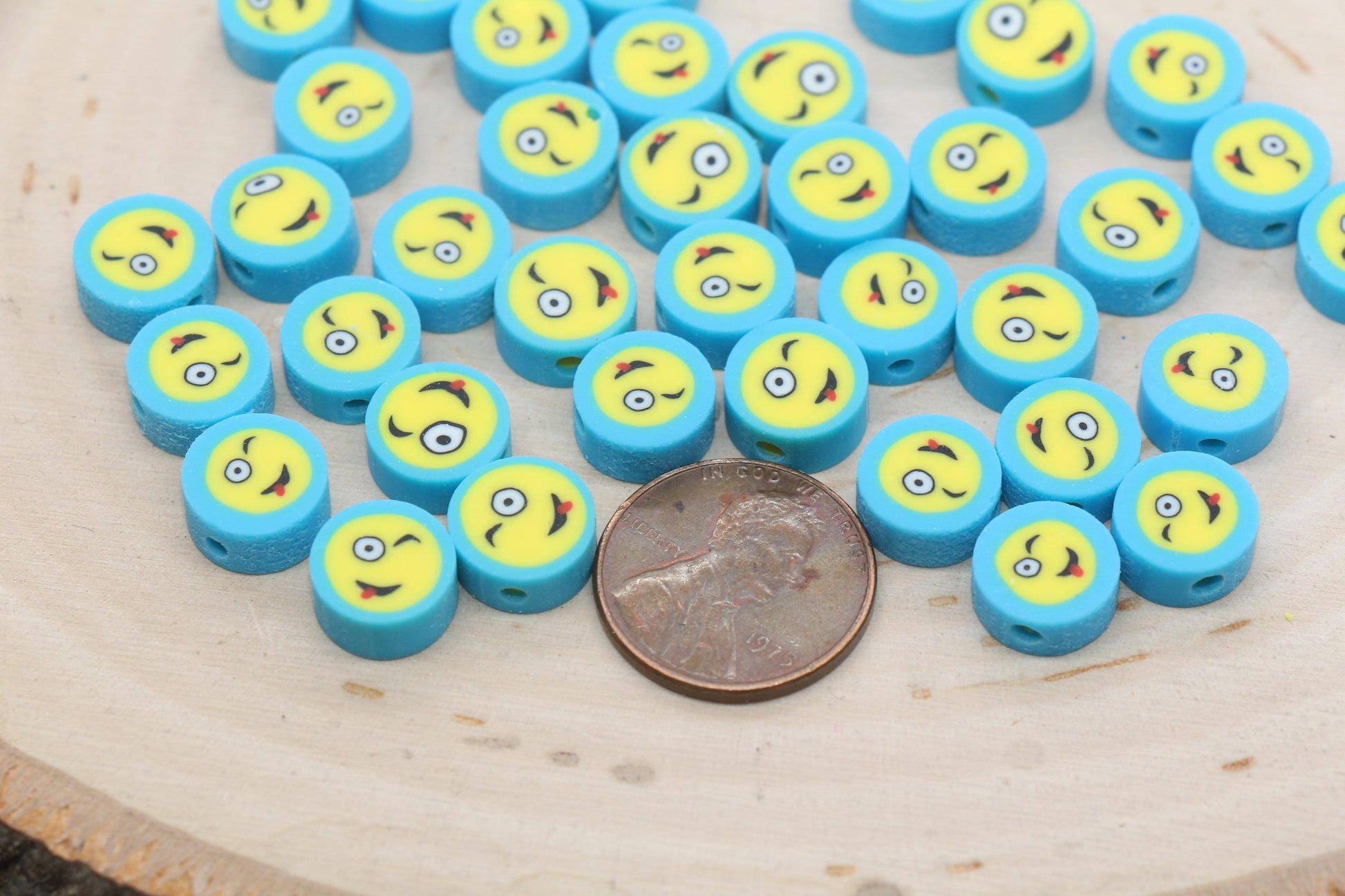 Blue Funny Face Polymer Clay Beads, Smiley Face Beads, Happy Face Beads, Emoji Clay Beads, Bead for Bracelet #440