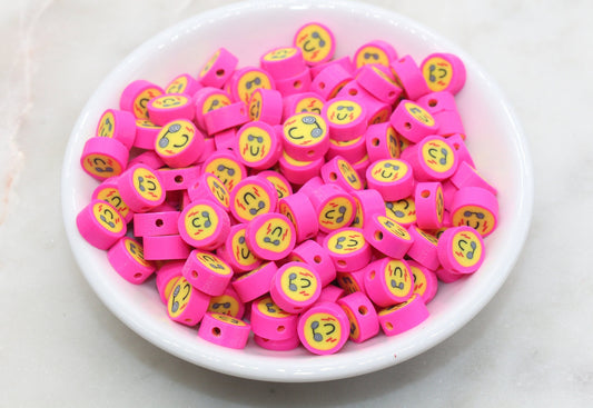 Pink Funny Face Polymer Clay Beads, Smiley Face Beads, Happy Face Beads, Emoji Clay Beads, Bead for Bracelet #441