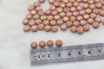 Old Rose Pink Beads with Gold Lettering Alphabet Beads, Acrylic Name Initial Beads, Mix Alphabet Letter Beads, Bead for Bracelet, 7mm #3151