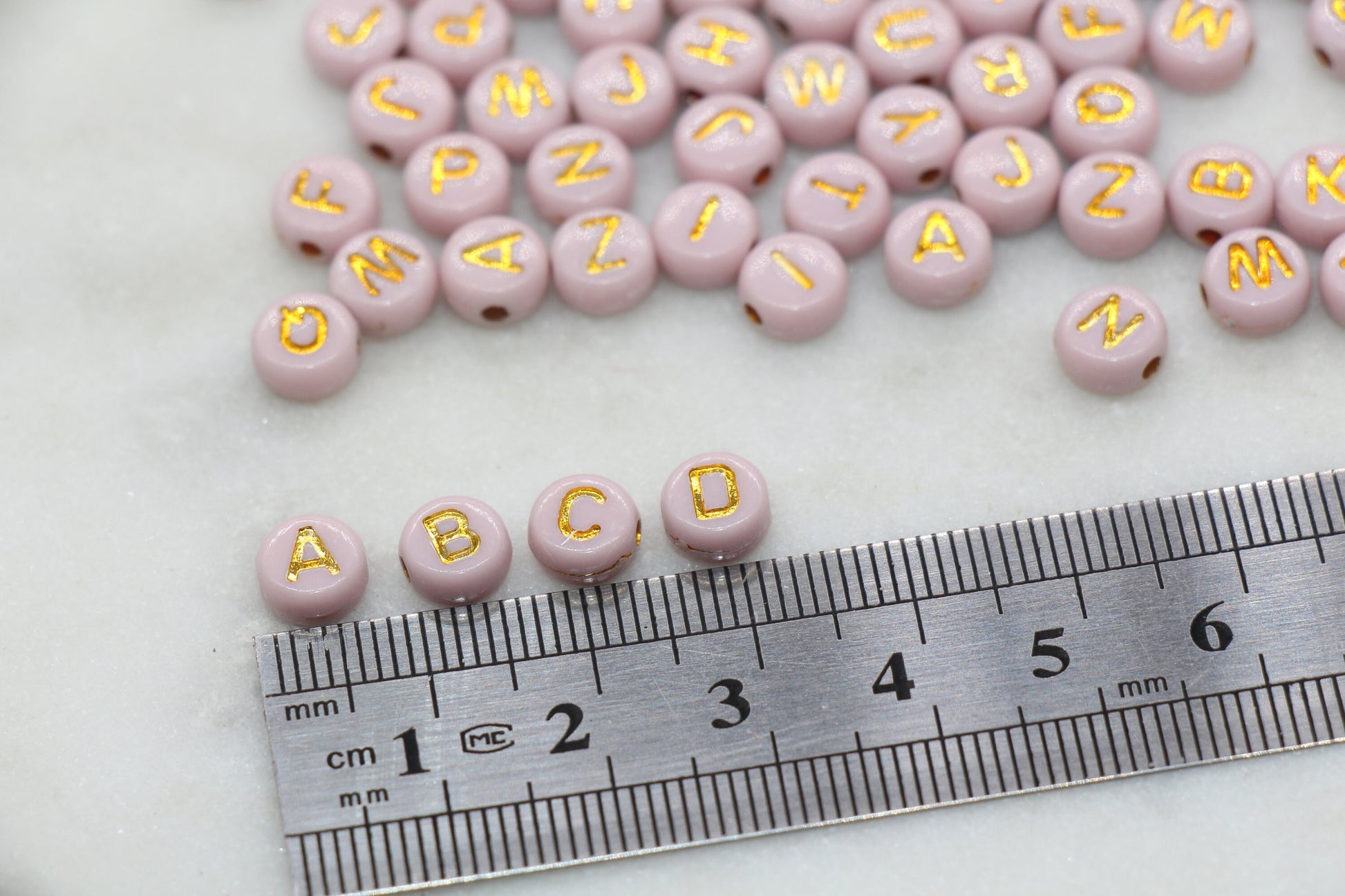 Mud Pink with Gold Lettering Alphabet Beads, Acrylic Name Initial Beads, Mix Alphabet Letter Beads, Bead for Bracelet, 7mm #3153