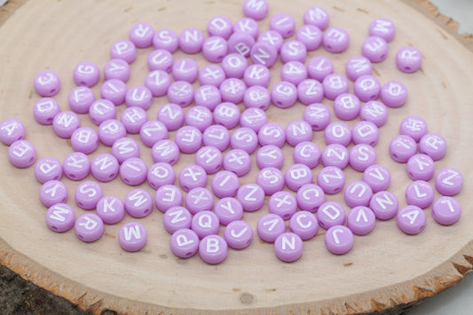 Pastel Purple Alphabet Letter Beads, Acrylic Purple Beads with White Letters, Round Acrylic Beads, Mix Letter Beads, Name Beads 7mm #3150
