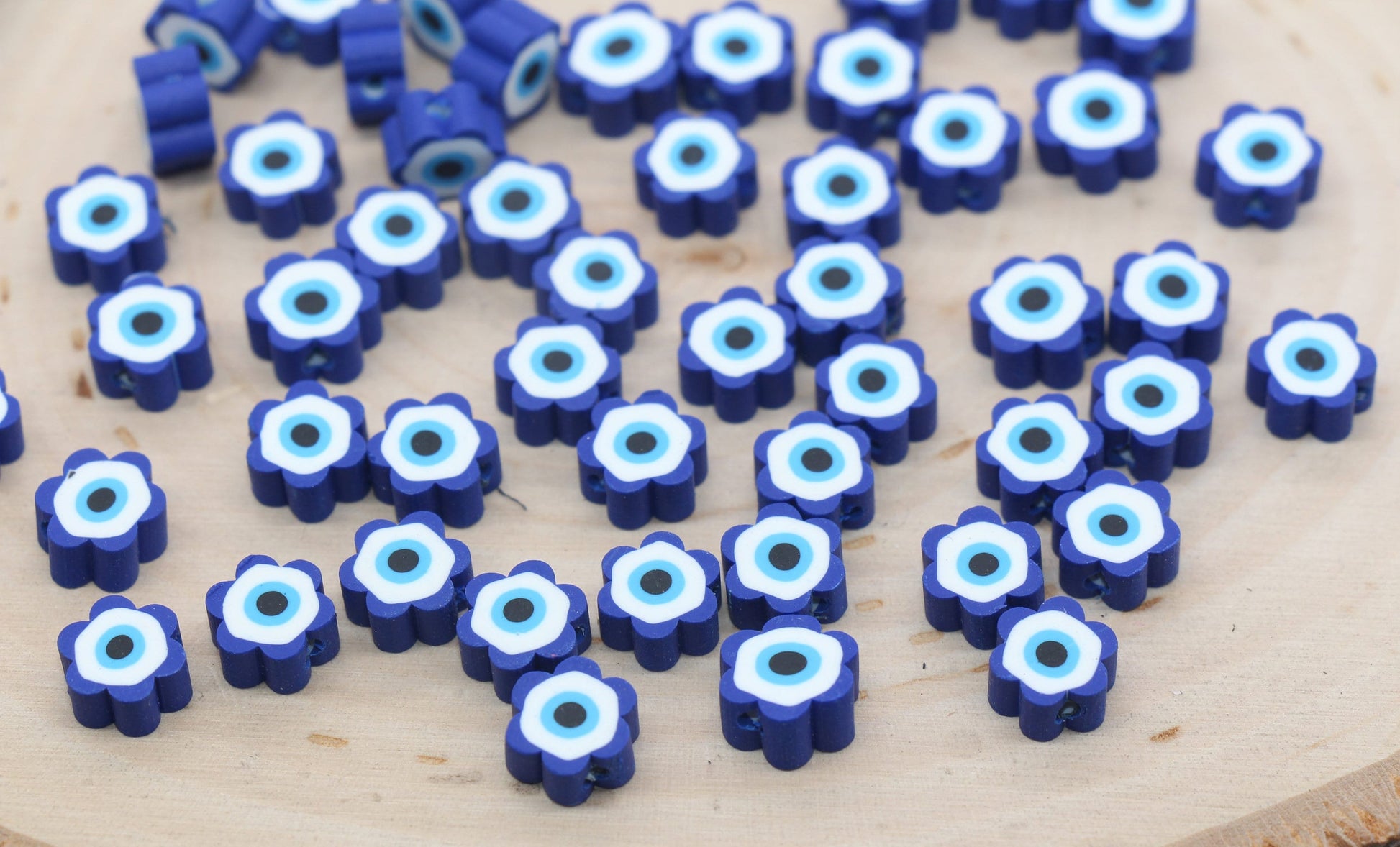 Blue Evil Eye Polymer Clay Beads, Flower Shape Evil Eye Fimo Cane Beads, Bead for Bracelets #453