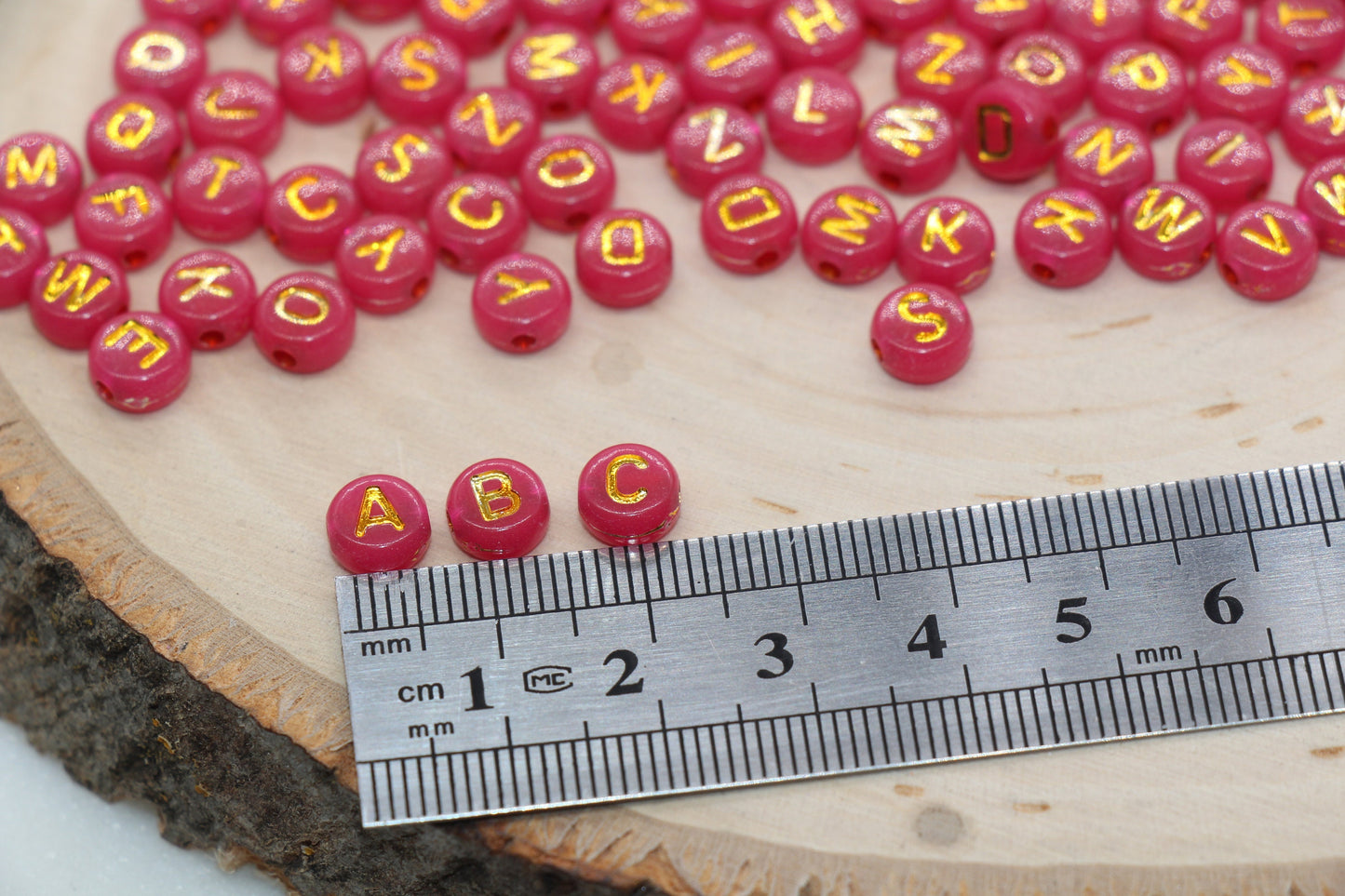 Ruby Pink with Gold Lettering Alphabet Beads, Acrylic Name Initial Beads, Mix Alphabet Letter Beads, Bead for Bracelet, 7mm #3155