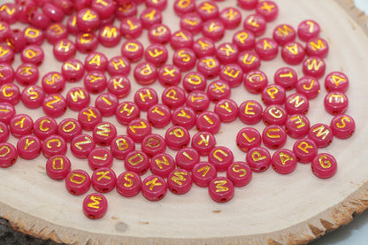 Ruby Pink with Gold Lettering Alphabet Beads, Acrylic Name Initial Beads, Mix Alphabet Letter Beads, Bead for Bracelet, 7mm #3155