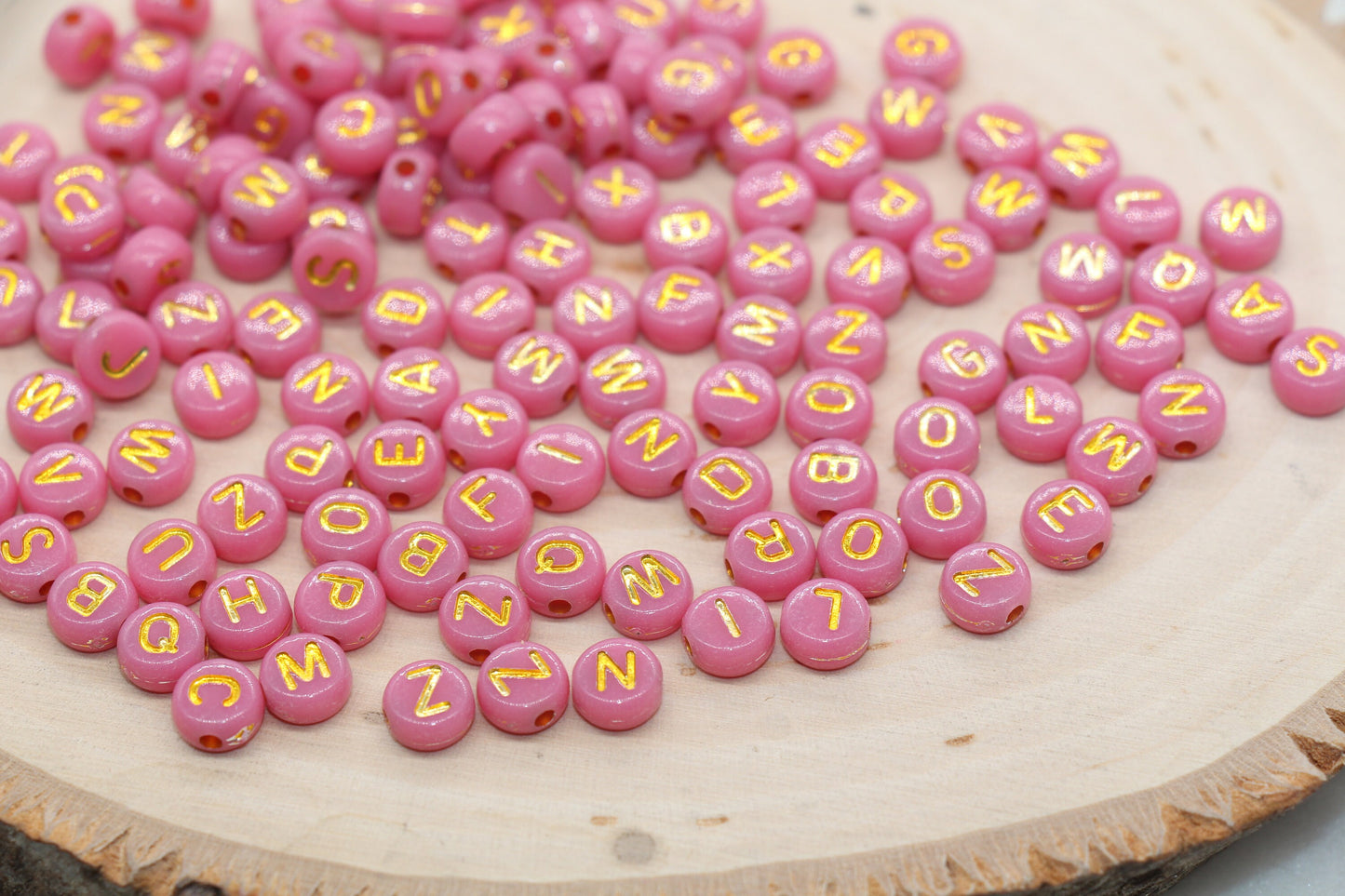 Deep Blush Pink Beads with Gold Lettering Alphabet Beads, Acrylic Name Initial Beads, Mix Alphabet Letter Beads, Bead for Bracelet, 7mm#3158