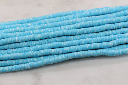 6mm Blue and White Speckled Heishi Beads, Dotted Polymer Clay Disc Beads, African Disc Beads, Bracelet Beads, Full Strand #648