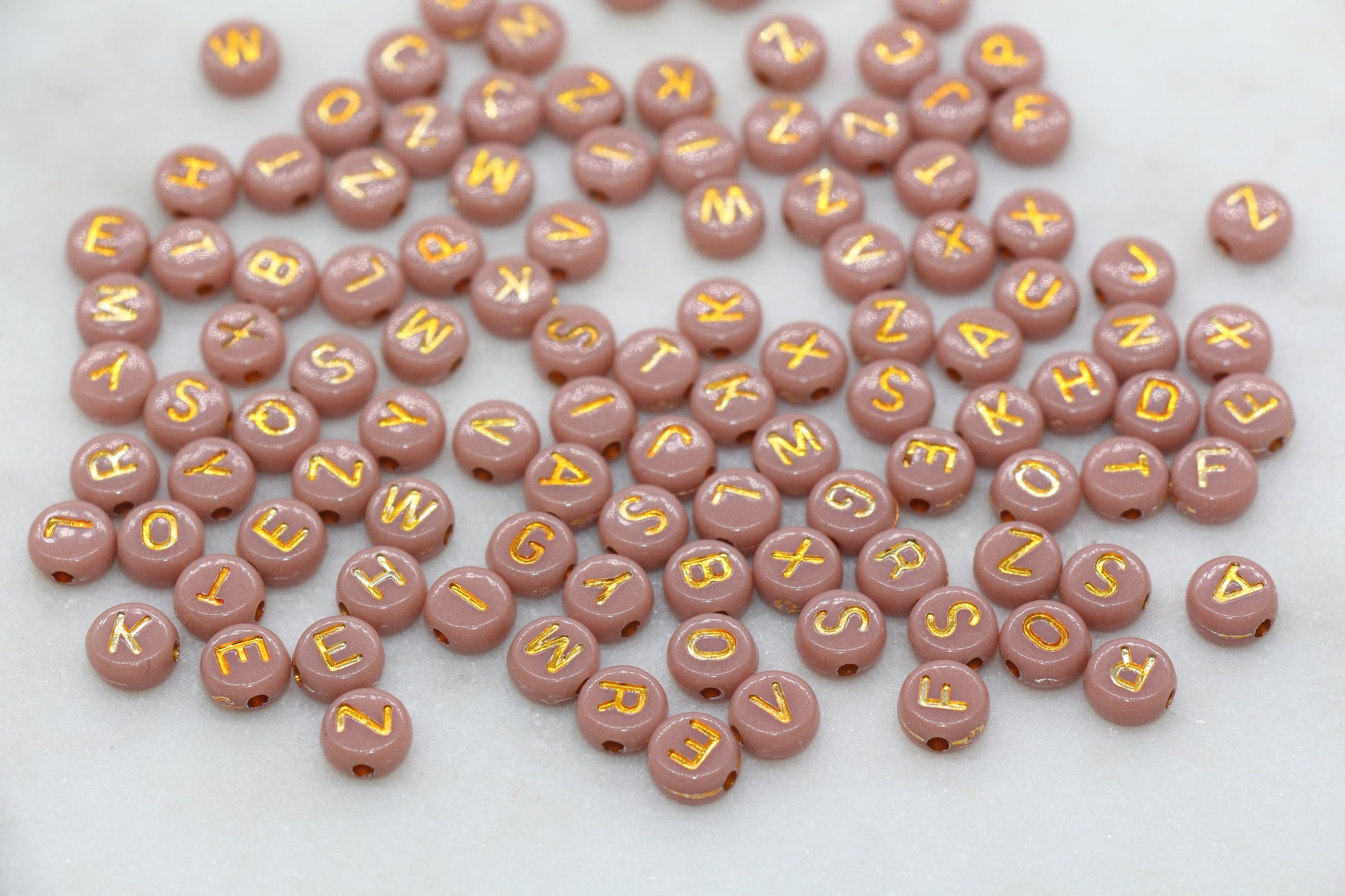 Old Rose Pink Beads with Gold Lettering Alphabet Beads, Acrylic Name Initial Beads, Mix Alphabet Letter Beads, Bead for Bracelet, 7mm #3151