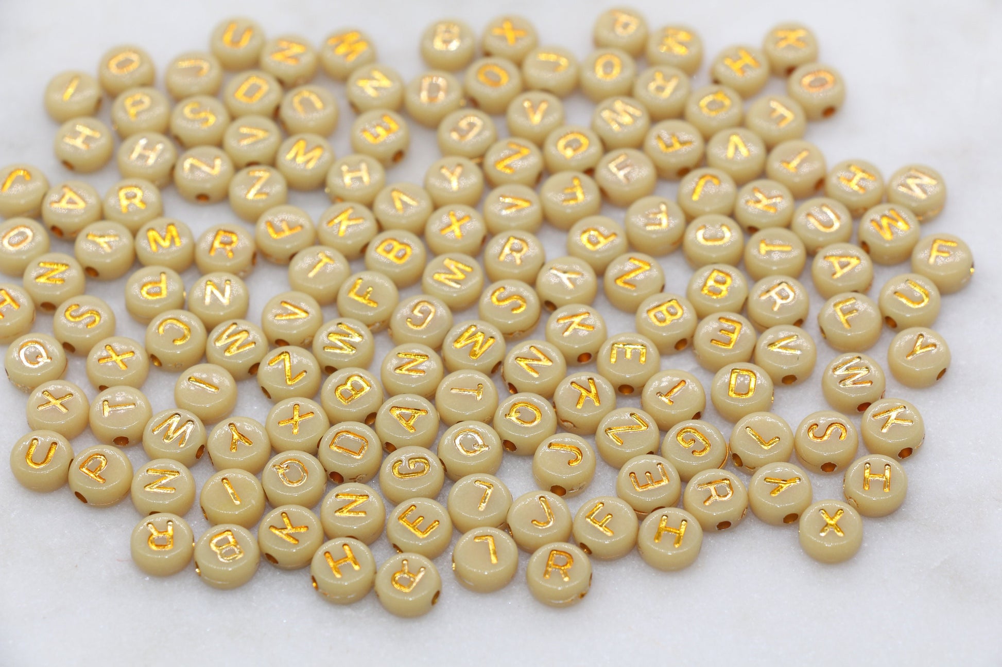 Dusty Yellow Beads with Gold Lettering Alphabet Beads, Acrylic Name Initial Beads, Mix Alphabet Letter Beads, Bead for Bracelet, 7mm #3152