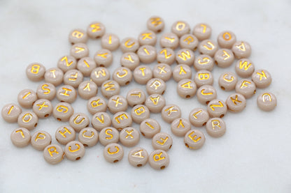 Beige Beads with Gold Lettering Alphabet Beads, Acrylic Name Initial Beads, Mix Alphabet Letter Beads, Bead for Bracelet, 7mm #3154