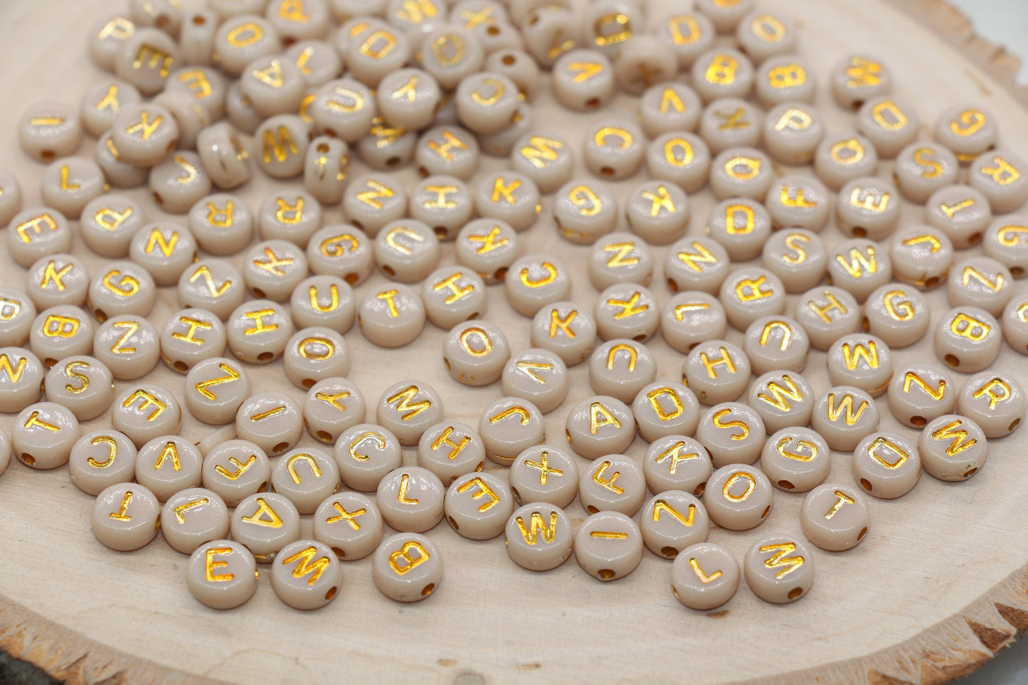 Beige Beads with Gold Lettering Alphabet Beads, Acrylic Name Initial Beads, Mix Alphabet Letter Beads, Bead for Bracelet, 7mm #3154