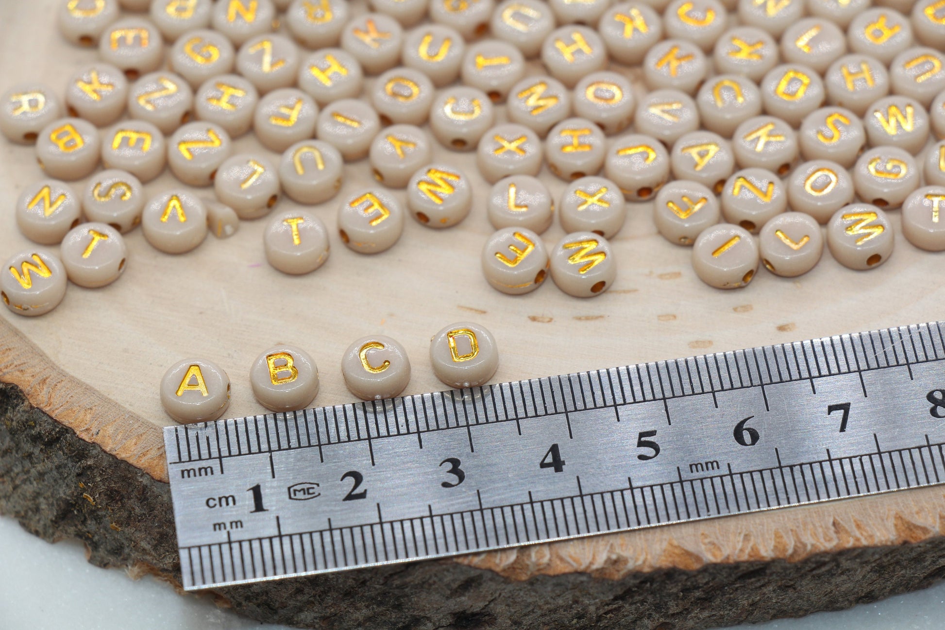 Beige Beads with Gold Lettering Alphabet Beads, Acrylic Name Initial Beads, Mix Alphabet Letter Beads, Bead for Bracelet, 7mm #3154