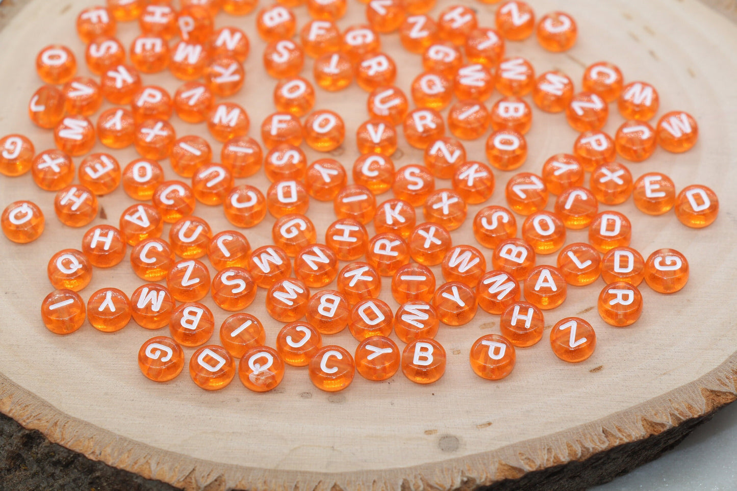 Orange Alphabet Letter Beads, Translucent Acrylic Orange Letters Beads, Round Acrylic Beads, Mix Letters Beads, Name Initial Beads 7mm #3161