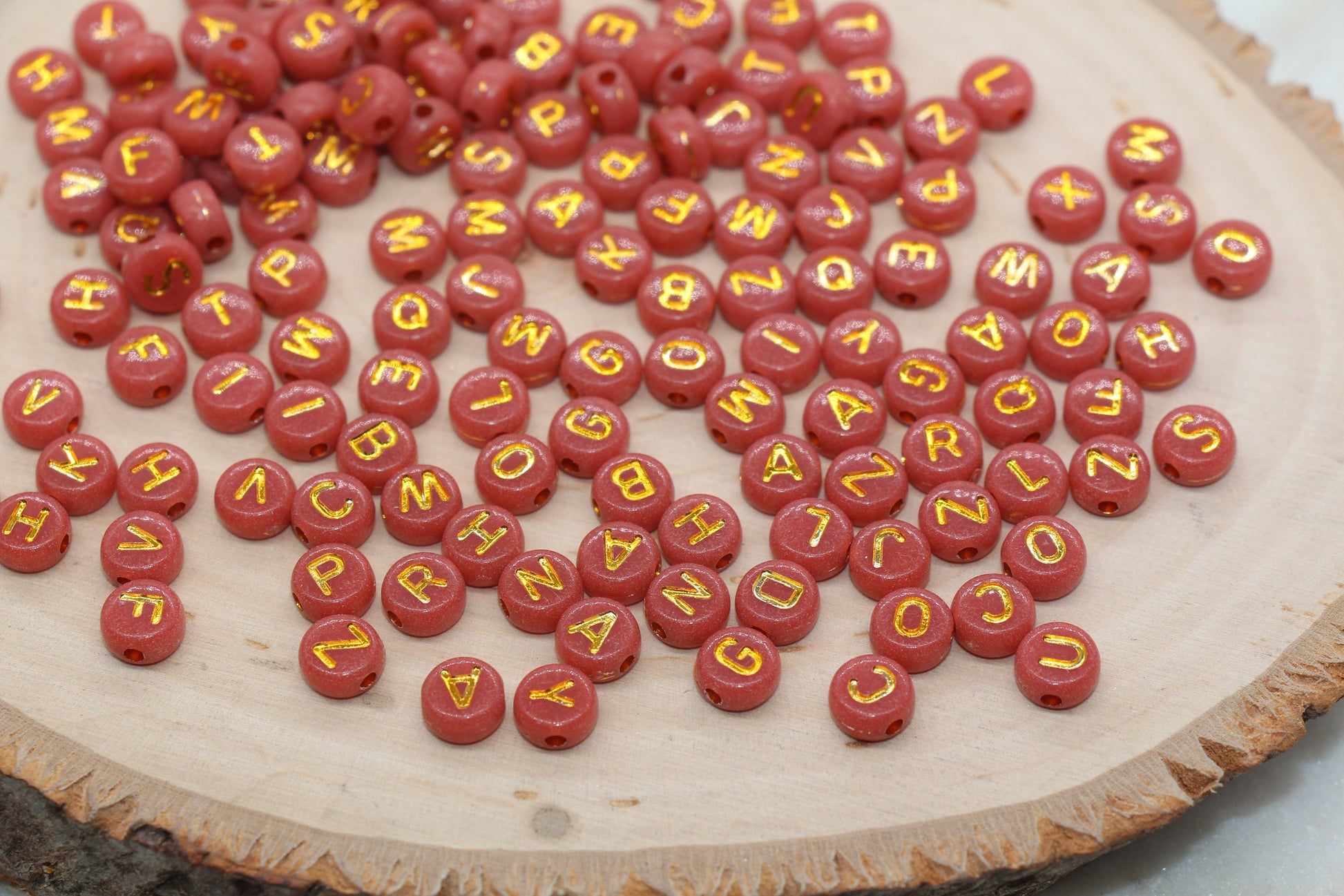 Brick Red with Gold Lettering Alphabet Beads, Acrylic Name Initial Beads, Mix Alphabet Letter Beads, Bead for Bracelet, 7mm #3156