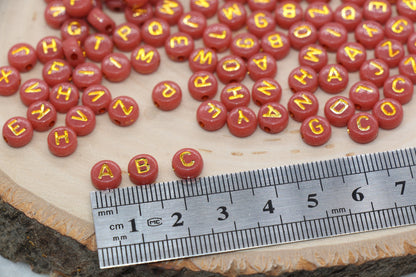 Brick Red with Gold Lettering Alphabet Beads, Acrylic Name Initial Beads, Mix Alphabet Letter Beads, Bead for Bracelet, 7mm #3156