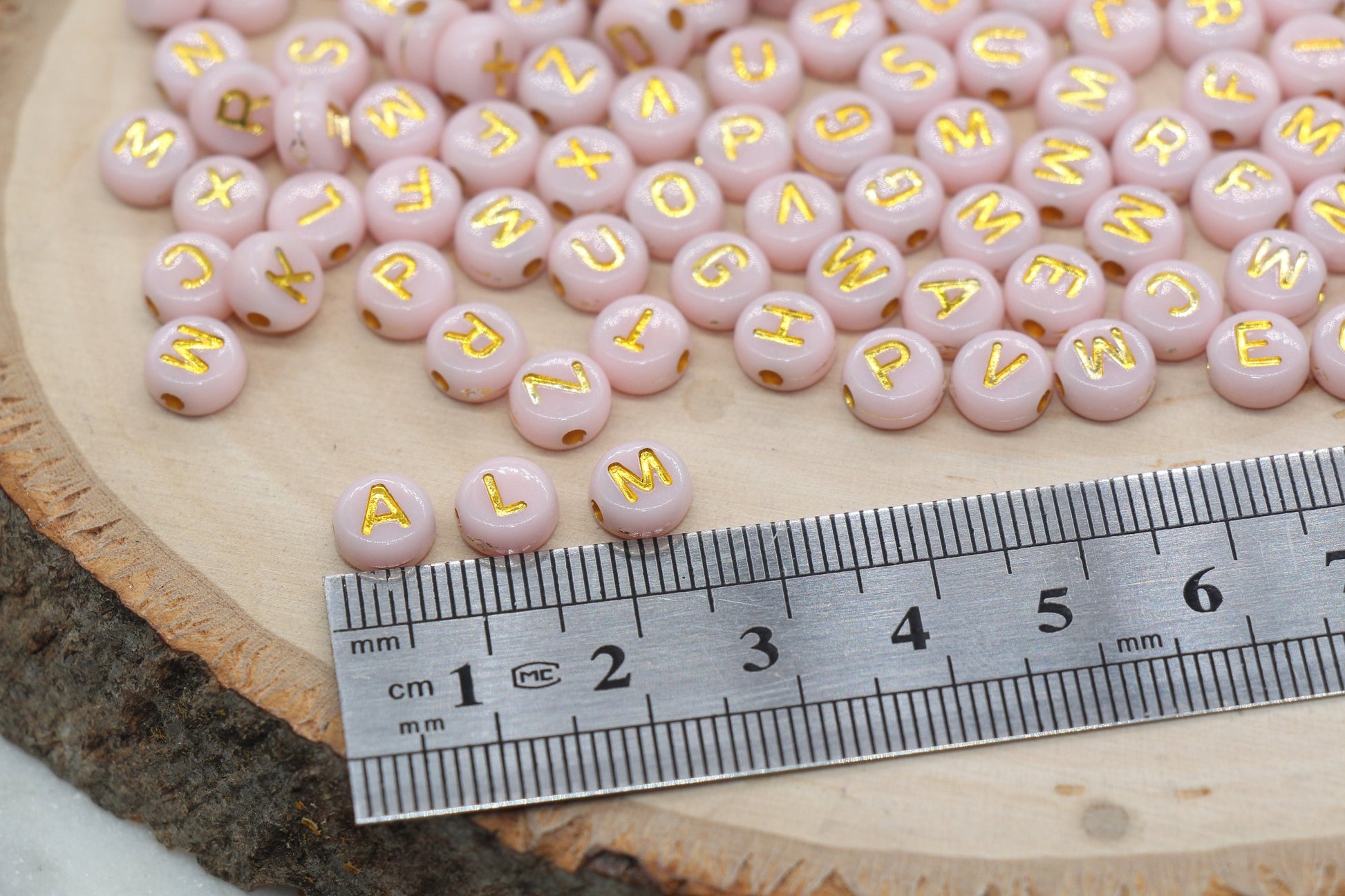 Pink Bead with Gold Lettering Alphabet Beads, Acrylic Name Initial Beads, Mix Alphabet Letter Beads, Bead for Bracelet, 7mm #3157