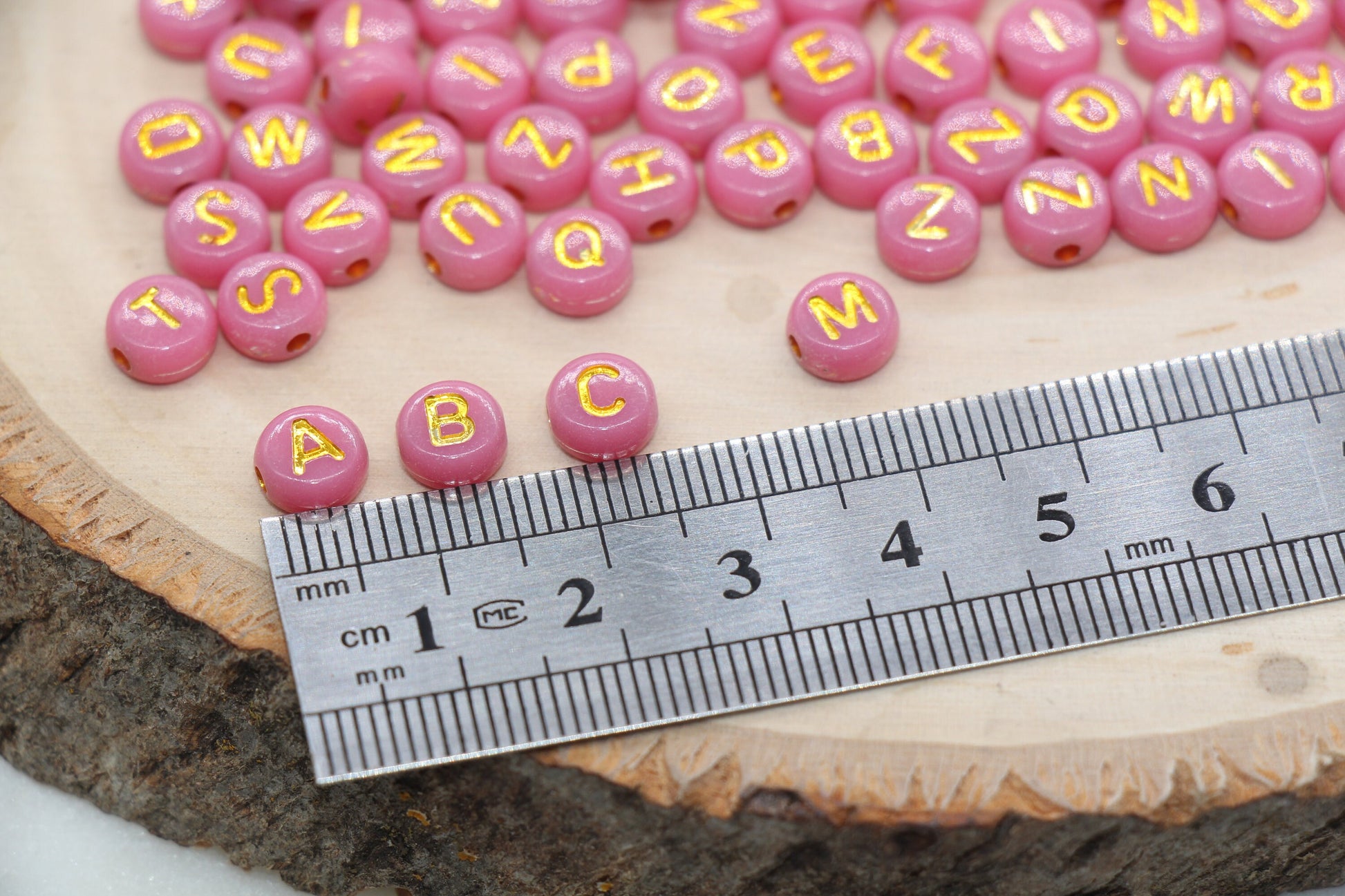 Deep Blush Pink Beads with Gold Lettering Alphabet Beads, Acrylic Name Initial Beads, Mix Alphabet Letter Beads, Bead for Bracelet, 7mm#3158