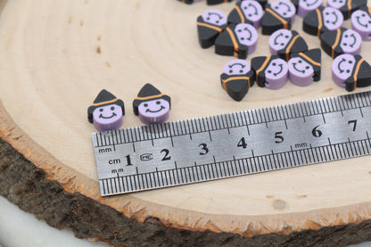 Halloween Themed Polymer Clay Beads, Purple Witch Beads, Smiley Face with Hat Clay Beads, Jewelry Beads, Beads for Bracelet #477