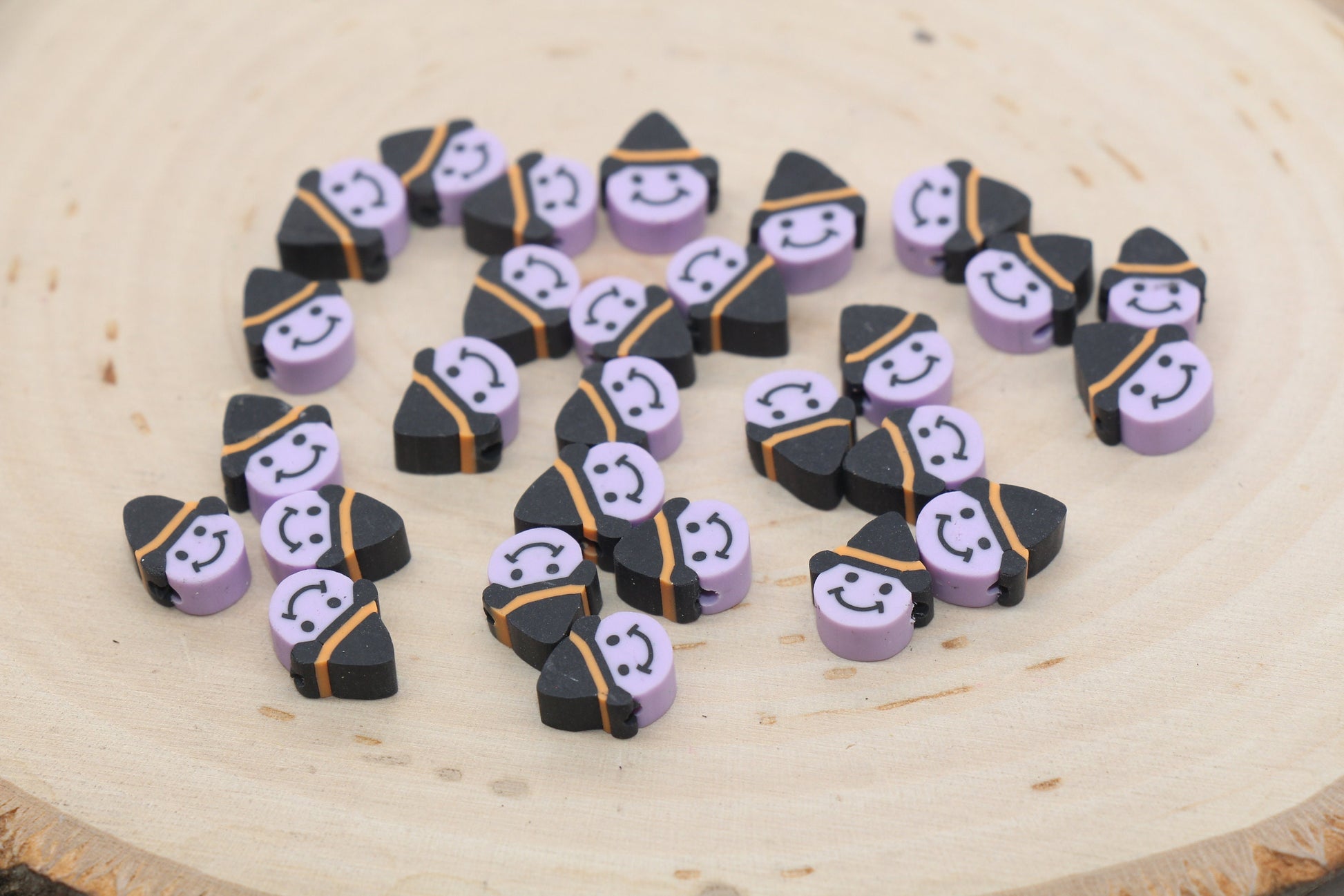 Halloween Themed Polymer Clay Beads, Purple Witch Beads, Smiley Face with Hat Clay Beads, Jewelry Beads, Beads for Bracelet #477