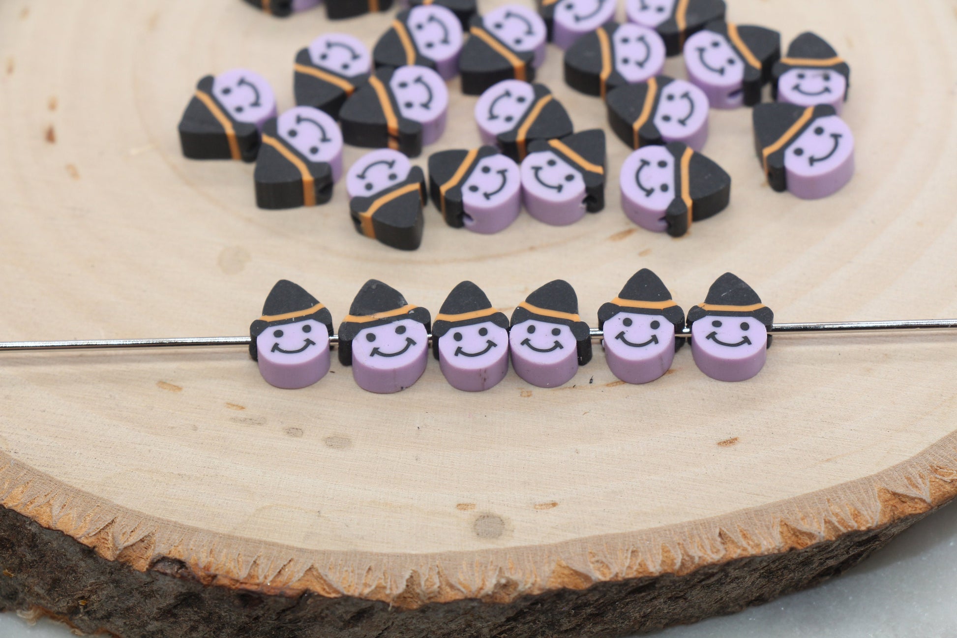 Halloween Themed Polymer Clay Beads, Purple Witch Beads, Smiley Face with Hat Clay Beads, Jewelry Beads, Beads for Bracelet #477