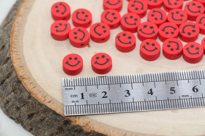 Red Smiley Face Polymer Clay Beads, Smiley Face Fimo Cane Beads, Happy Face Emoji Beads, Bead for Bracelet, Beading Supplies #487