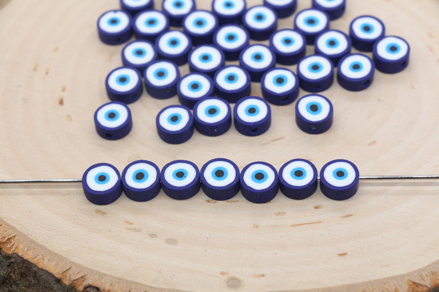 Blue Evil Eye Polymer Clay Beads, Round Shape Evil Eye Fimo Cane Beads, Bead for Bracelets #488