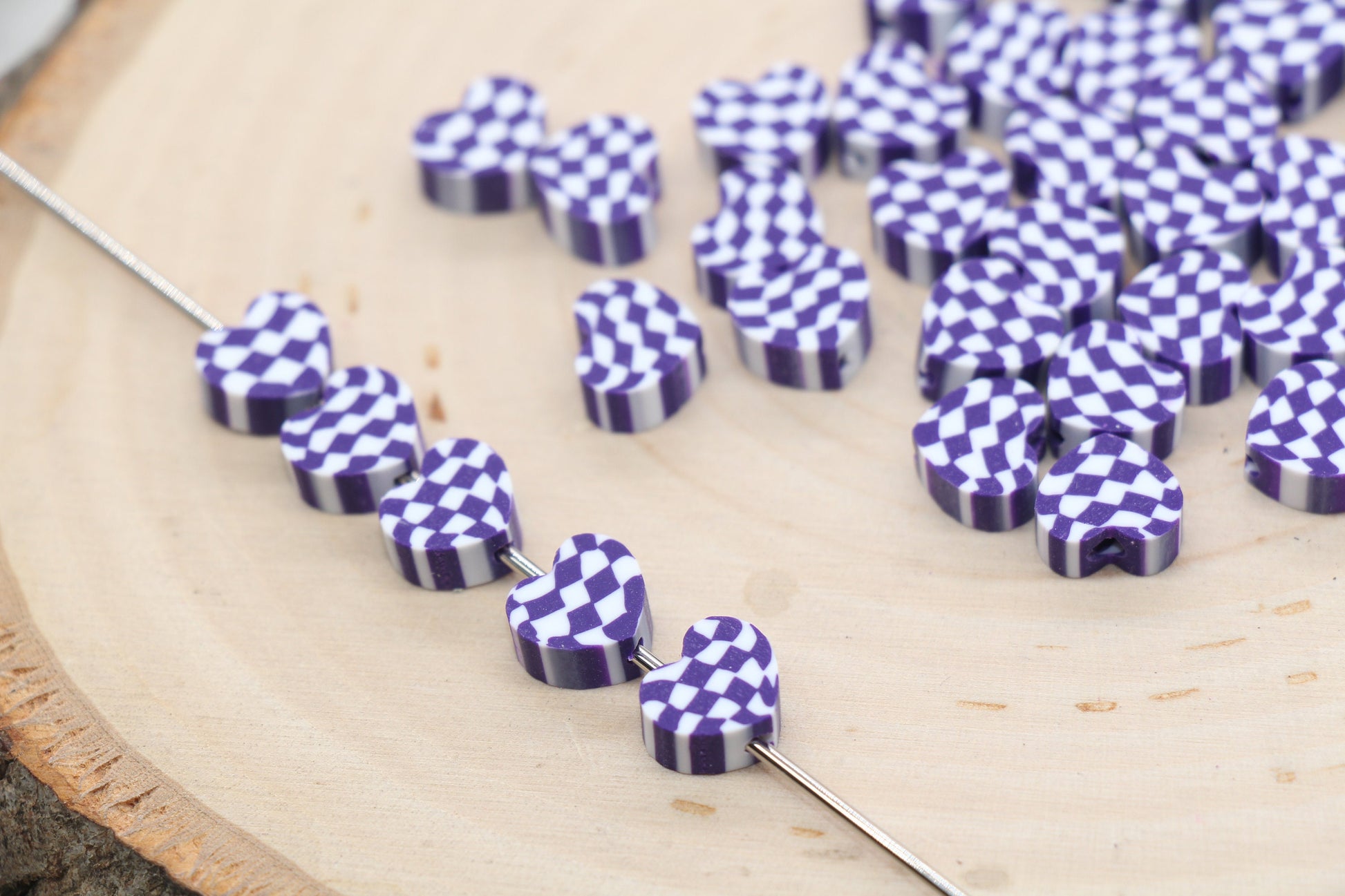 Checkered Heart Polymer Clay Beads, Purple Heart Shape Clay Round Beads, Loose Beads, Jewelry Beads, Beads for Bracelet #499