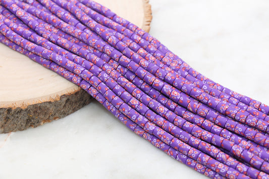 6mm Wide Column Chunky Polymer Clay Beads, Purple Flower Printed Heishi Spacer Beads, Clay Tube Beads, Barrel Beads Heishi Beads #485