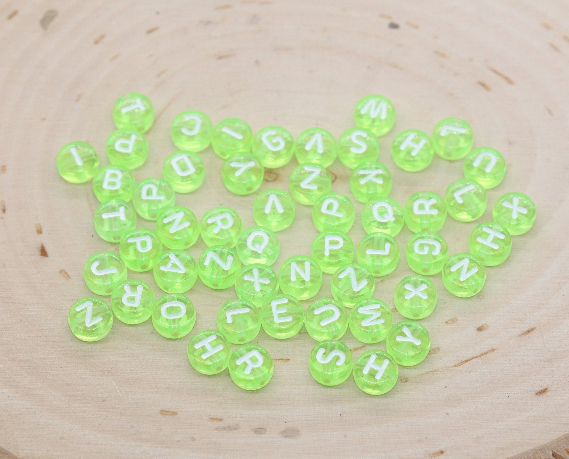 Green Alphabet Letter Beads, Translucent Acrylic Green Letters Beads, Round Acrylic Beads, Mix Letters Beads, Name Beads 7mm #3175