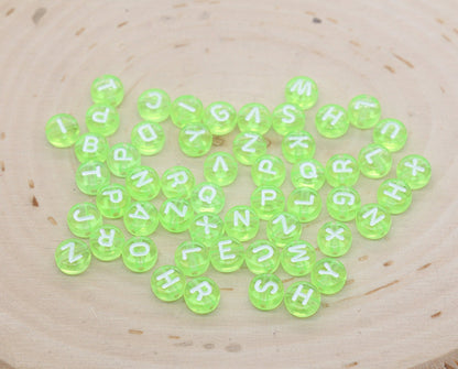 Green Alphabet Letter Beads, Translucent Acrylic Green Letters Beads, Round Acrylic Beads, Mix Letters Beads, Name Beads 7mm #3175