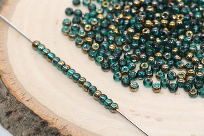 Gold with Green Ombre Glass Beads, 4mm Glass Round Seed Beads, Shiny Seed Beads, Beading Supplies, Beads for Bracelet #3193