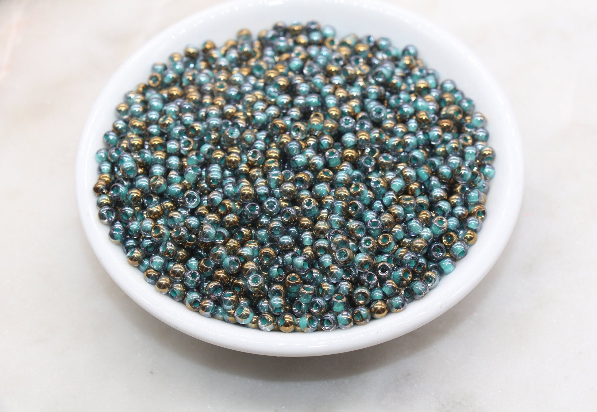 Gold with Blue Lining Ombre Glass Beads, 4mm Glass Round Seed Beads, Shiny Seed Beads, Beading Supplies, Beads for Bracelet #3194