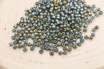 Gold with Green Lining Ombre Glass Beads, 4mm Glass Round Seed Beads, Shiny Seed Beads, Beading Supplies, Beads for Bracelet #3196