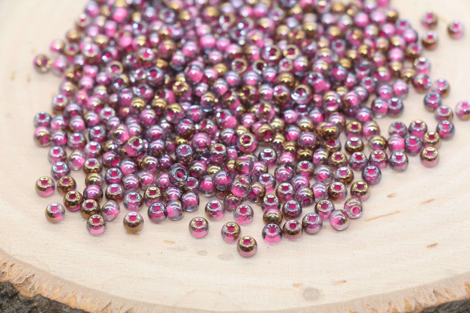 Gold with Pink Lining Ombre Glass Beads, 4mm Glass Round Seed Beads, Shiny Seed Beads, Beading Supplies, Beads for Bracelet #3200