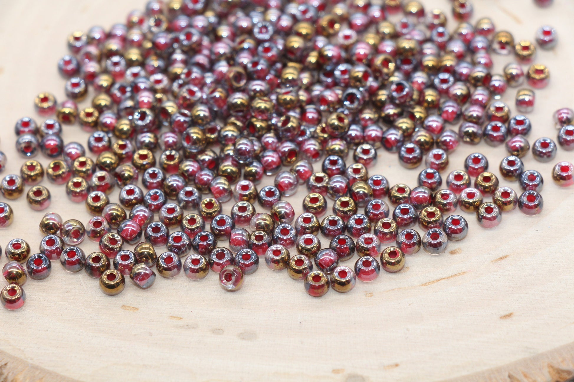 Gold with Red Lining Ombre Glass Beads, 4mm Glass Round Seed Beads, Shiny Seed Beads, Beading Supplies, Beads for Bracelet #3201