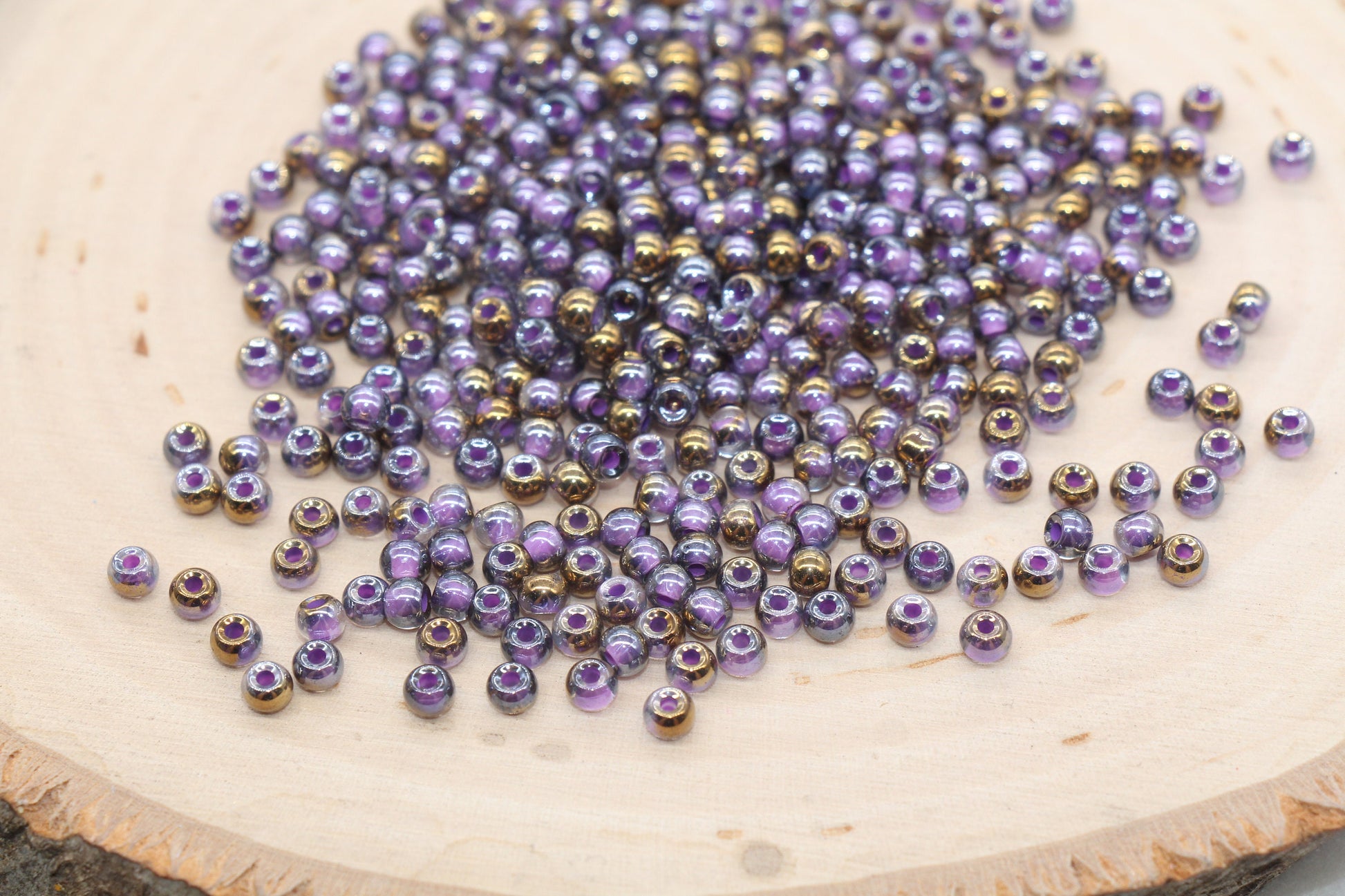 Gold with Purple Lining Ombre Glass Beads, 4mm Glass Round Seed Beads, Shiny Seed Beads, Beading Supplies, Beads for Bracelet #3203