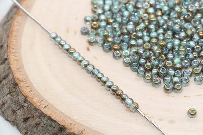 Gold with Mint Green Lining Ombre Glass Beads, 4mm Glass Round Seed Beads, Shiny Seed Beads, Beading Supplies, Beads for Bracelet #3207