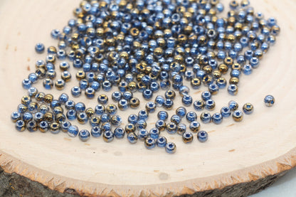 Gold with Blue Lining Ombre Glass Beads, 4mm Glass Round Seed Beads, Shiny Seed Beads, Beading Supplies, Beads for Bracelet #3208