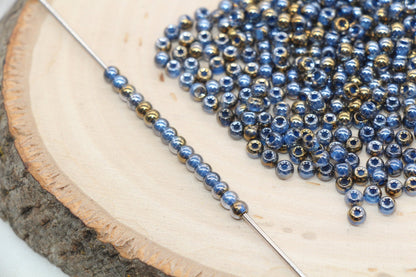 Gold with Blue Lining Ombre Glass Beads, 4mm Glass Round Seed Beads, Shiny Seed Beads, Beading Supplies, Beads for Bracelet #3208