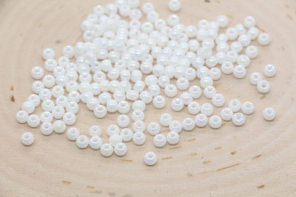 Iridescent Glass Seed Beads, 4mm Shiny Round Glass Seed Beads, White AB Opaque Seed Beads, Rocailles Beads, Beading Supplies #3216