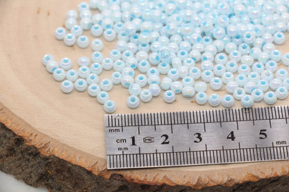 Iridescent Glass Seed Beads, 4mm Shiny Round Glass Seed Beads, Blue AB Opaque Seed Beads, Rocailles Beads, Beading Supplies #3222