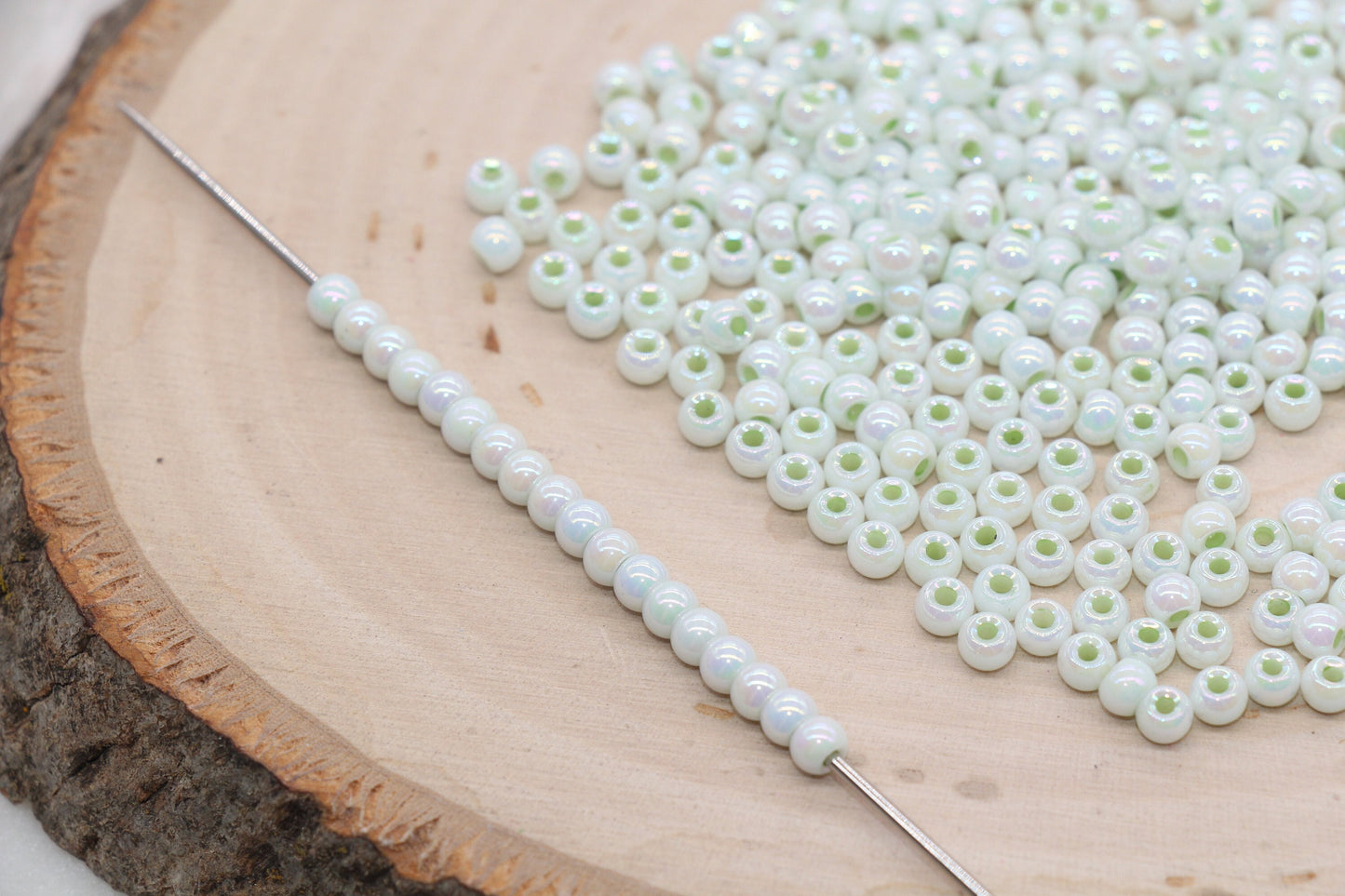 Iridescent Glass Seed Beads, 4mm Shiny Round Glass Seed Beads, Light Green AB Opaque Seed Beads, Rocailles Beads, Beading Supplies #3223