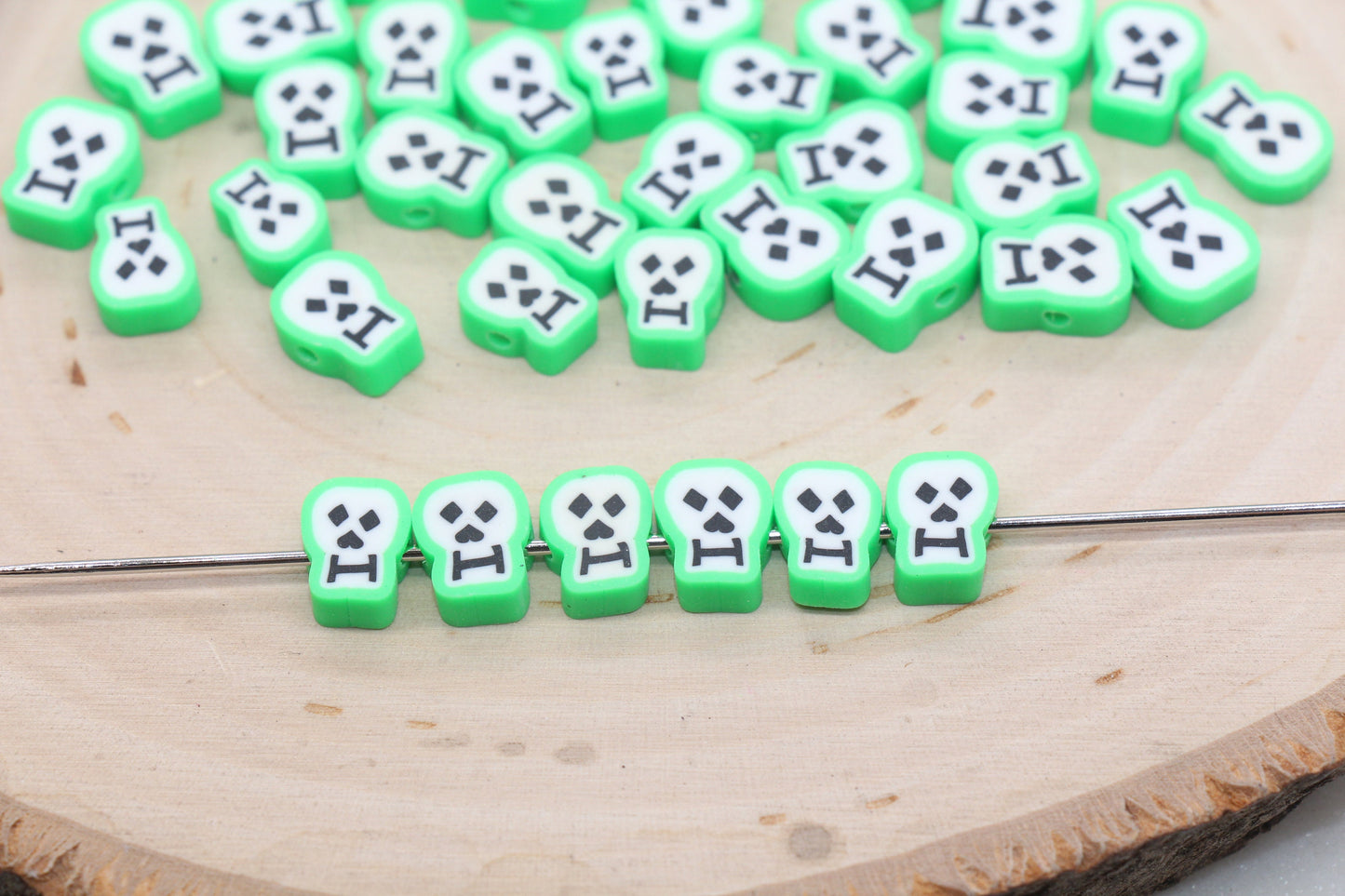 Green Skull Face Beads, Halloween Themed Clay Beads, Skull Head Clay Beads, Bracelet Beads, Kids Craft Beads #515